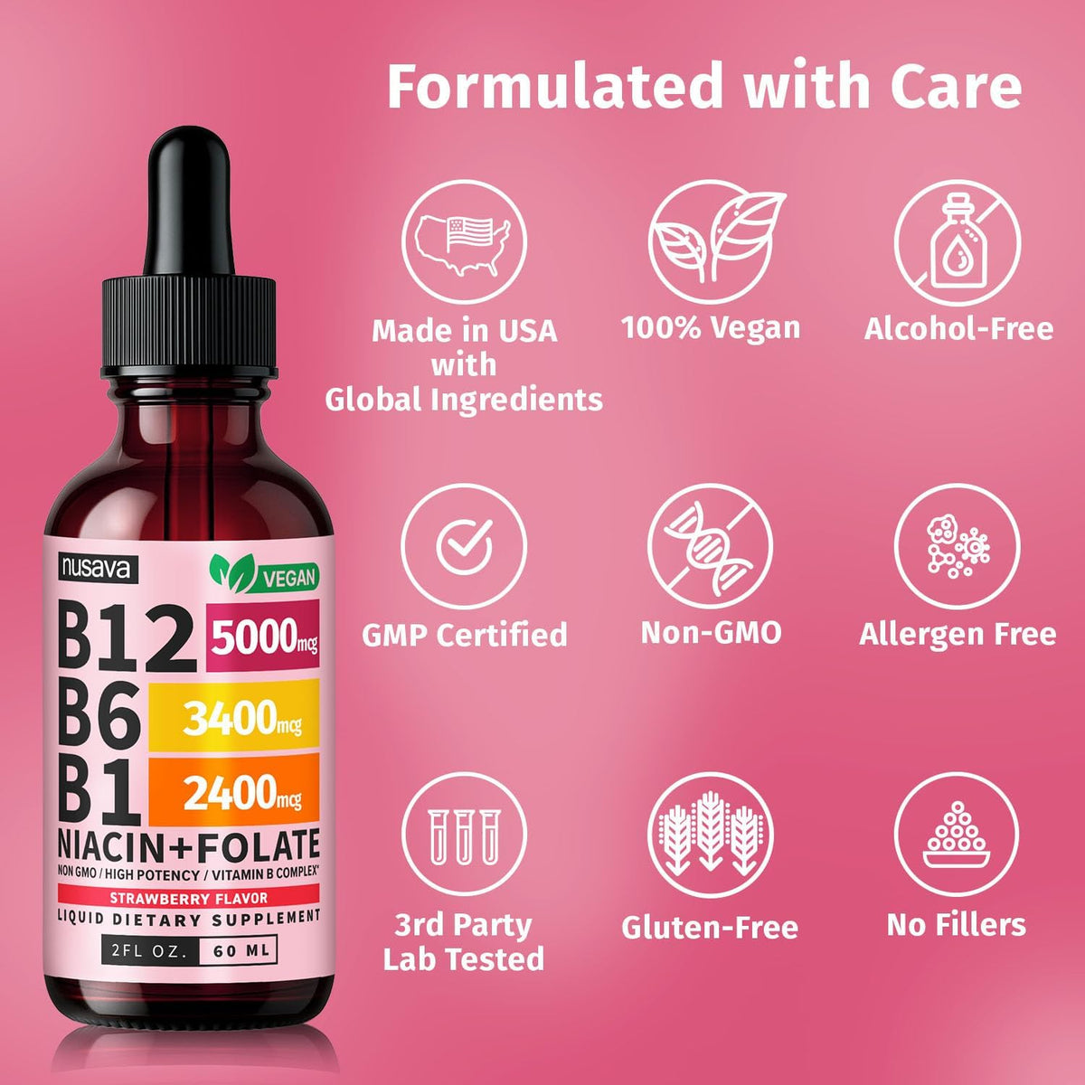 NUSAVA Vitamin B12 Liquid Drops 5000mcg - Sublingual B12 Complex with B6 & B1 - Methylcobalamin - Vegan, Non-GMO, Strawberry (4-Pack, 60 ml Each) - görsel 6