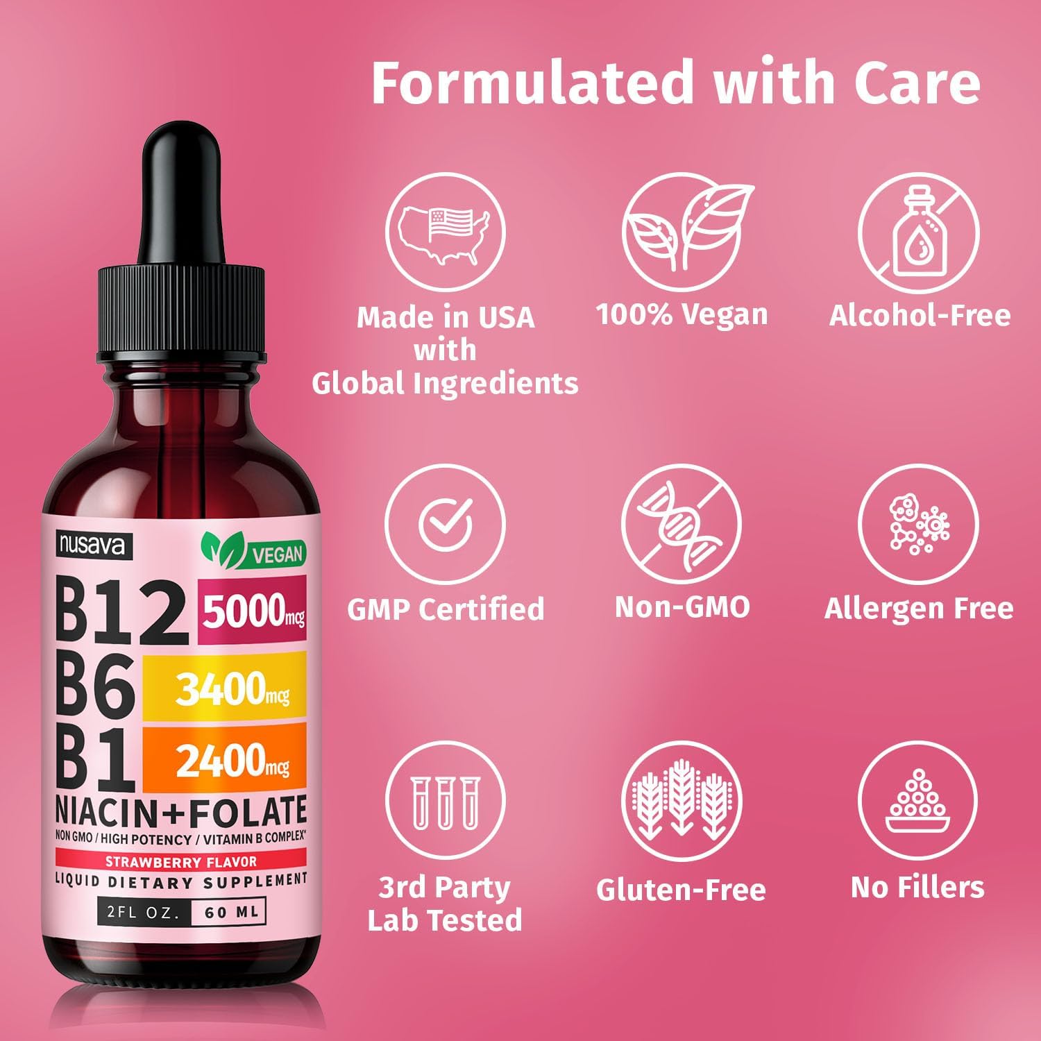 NUSAVA Vitamin B12 Liquid Drops 5000mcg - Sublingual B12 Complex with B6 & B1 - Methylcobalamin - Vegan, Non-GMO, Strawberry (4-Pack, 60 ml Each) - görsel 6