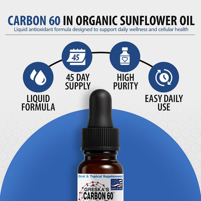 Greska's Carbon 60 in Organic Sunflower Oil - 15 Day Supply - Solvent-Free C60 Antioxidant Formula for Cellular Support, Vitality, Focus and Overall Wellness (10ml)