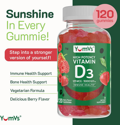YUM-V'S Vitamin D3 Gummies 5000 IU (125 mcg) – For Normal Immune Function & Bone Health – Non-GM, Gluten-Free, 120 Count