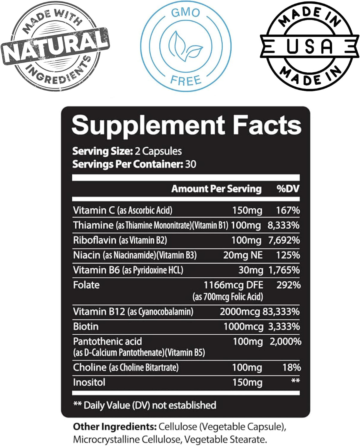 Kaya Naturals B-12 Complex | Multivitamin Supplement for Women & Men | Energy and Metabolism Support | with Biotin, Choline, Inositol, Folate, and Vitamin C – 60 Capsules - görsel 3