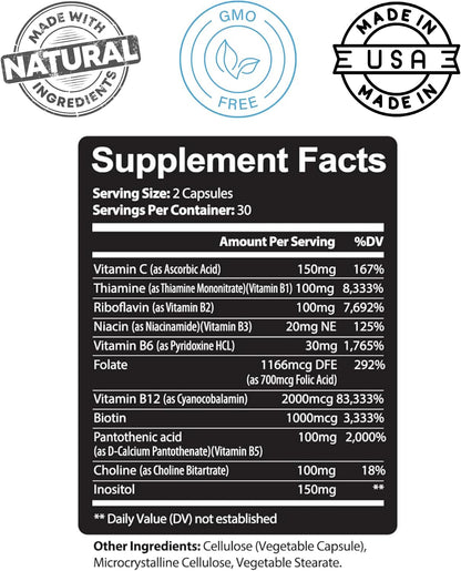 Kaya Naturals B-12 Complex | Multivitamin Supplement for Women & Men | Energy and Metabolism Support | with Biotin, Choline, Inositol, Folate, and Vitamin C – 60 Capsules