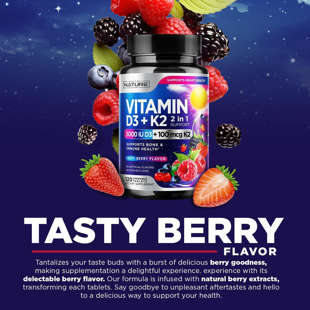 Vitamin D3 K2 Chewable, 5000 IU & K2 MK-7 100 mcg, 120 Tablets | 2-in-1 Supplement for Immune, Heart & Bone Support, Non-GM, Berry Flavour - görsel 5