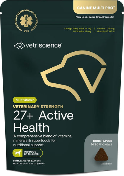 VetriScience Veterinary Strength 27+ Active Health Chews - Dog Multivitamin, Duck Flavour, 60 Chews