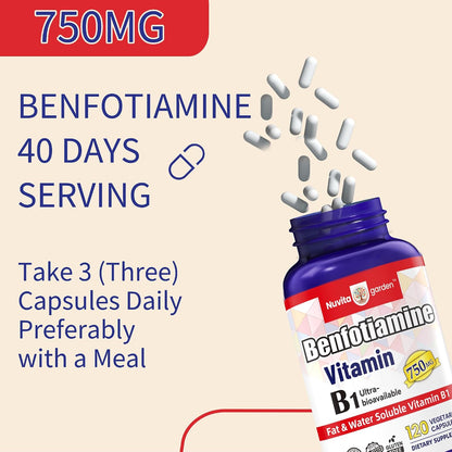 Benfotiamine 750mg, 120 Vegetarian Capsules – Fat-Soluble Vitamin B1 Thiamine Supplement