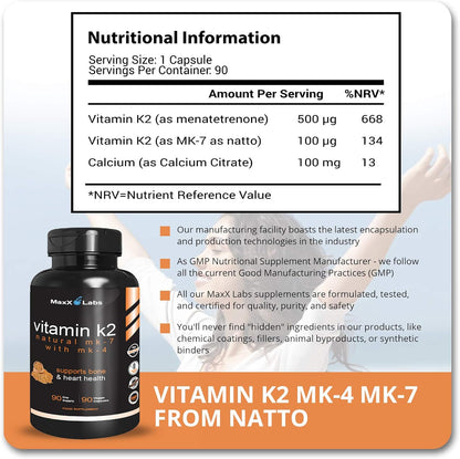 MaxX Labs Vitamin K2 with D3 – Full Spectrum MK-7 & MK-4 – 600 mcg – 90 Capsules