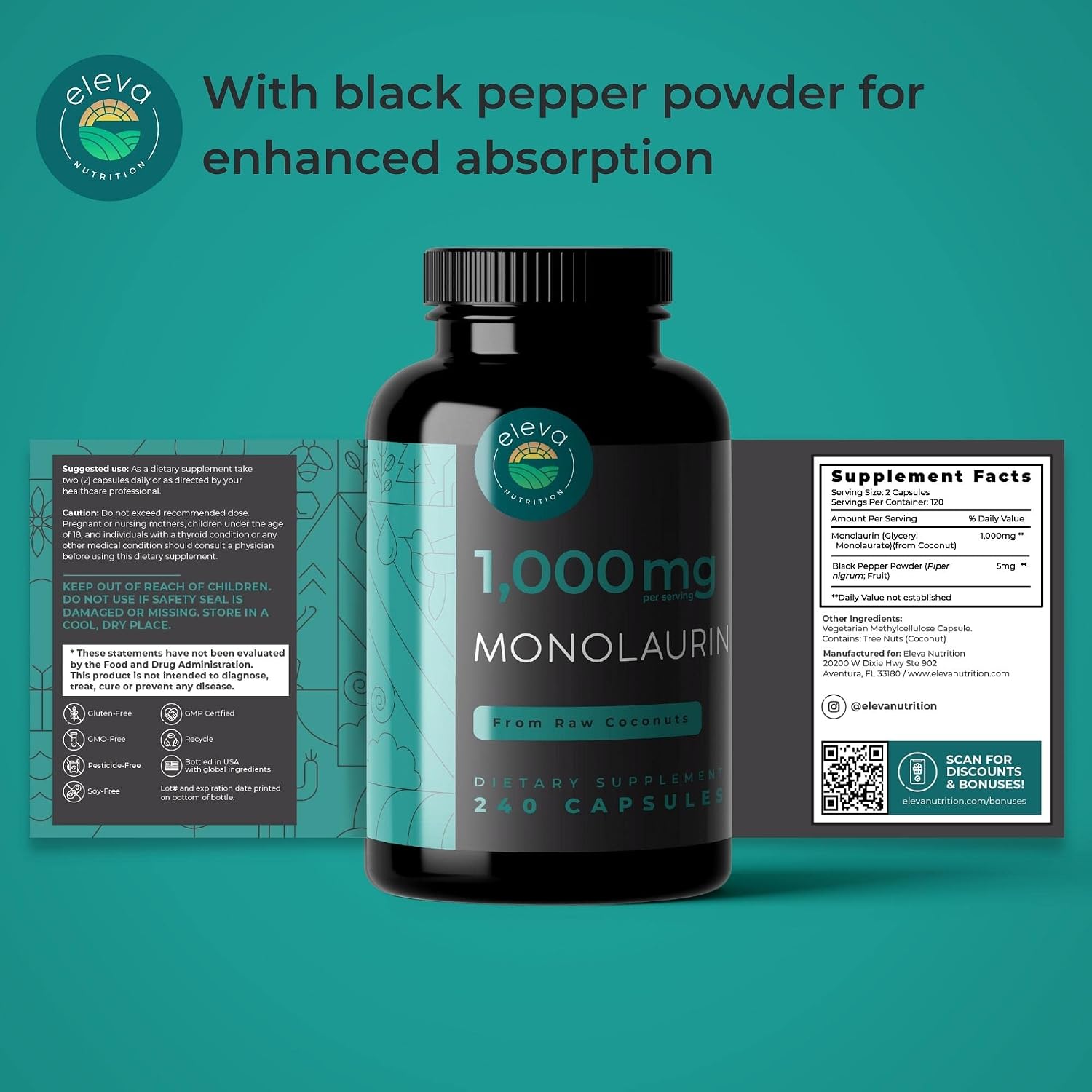 Monolaurin 1000mg Capsules – Pure Glycerol & Lauric Acid from Raw Coconut – Vegan, Non-GM, Soya-free – 240 Capsules - görsel 5
