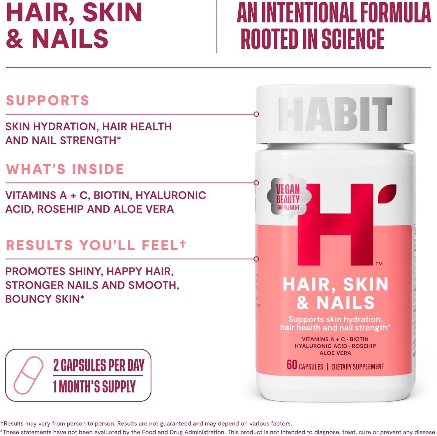 Habit Hair, Skin & Nails Supplement Twin Pack (120 Capsules) - New Look, Supports Skin Hydration, Hair & Nail Strength, Biotin 2000mcg, Vitamin A & C, Hyaluronic Acid, Rosehip, Vegan, Non-GMO - görsel 7