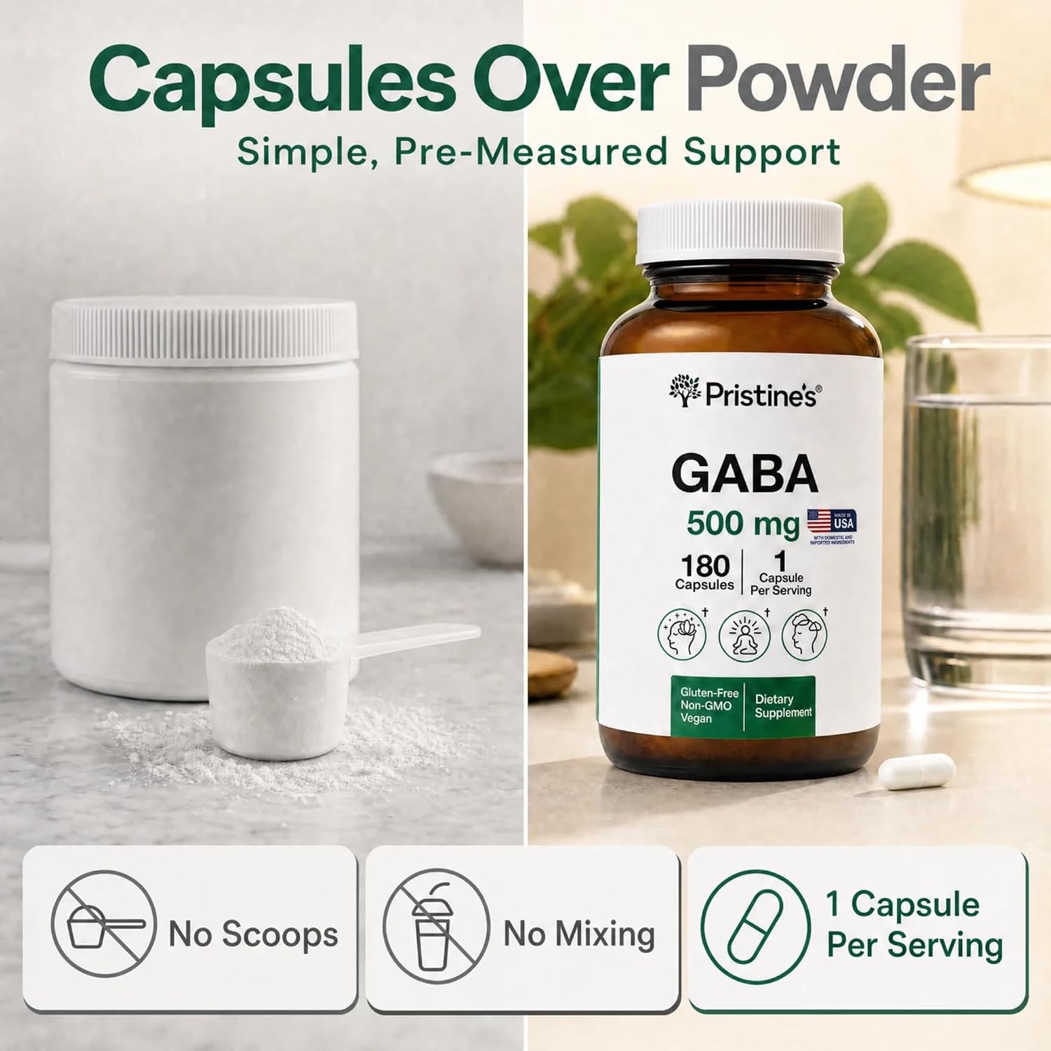 PRISTINE'S GABA 500mg Sleep Support Supplement - 180 Capsules - Calm Mind & Relaxation - görsel 5