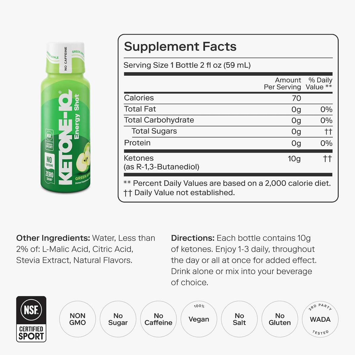 Ketone-IQ No Caffeine Exogenous Ketones Energy Shots - 24 Pack - Sugar Free, Salt Free, All Natural (Green Apple) - görsel 2