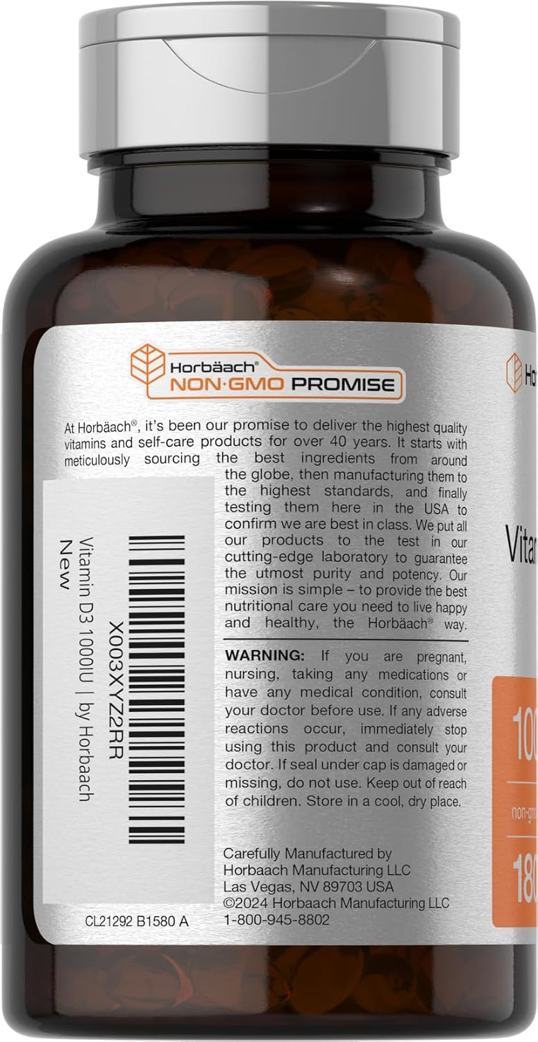 Horbäach Vitamin D3 1000IU (25mcg) Softgels | 180 Count | High Potency Formula | Non-GM & Gluten-free Supplement - görsel 3