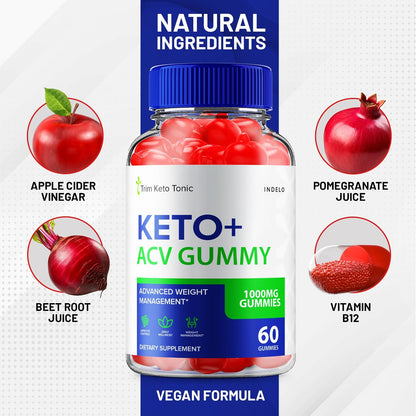 Trim Keto Tonic Keto ACV Gummies (Pack of 2) – Dietary Supplement with Apple Cider Vinegar, B12, Beet Juice & Pomegranate Powder – 120 Gummies
