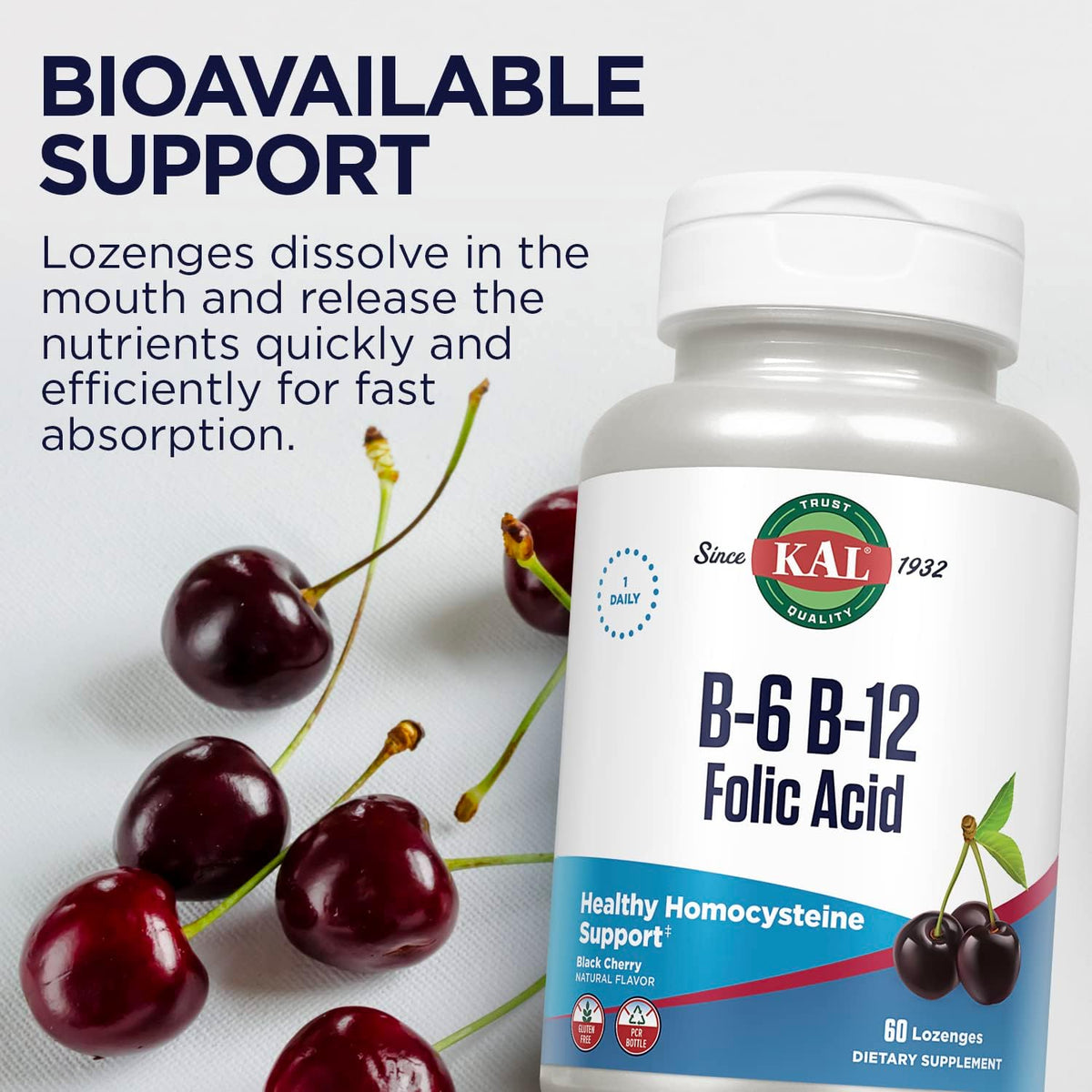 KAL Vitamin B-6, B-12, and Folic Acid Supplement - Methylcobalamin and Folate Lozenges - Natural Cherry - Gluten Free - 60 Servings - görsel 6