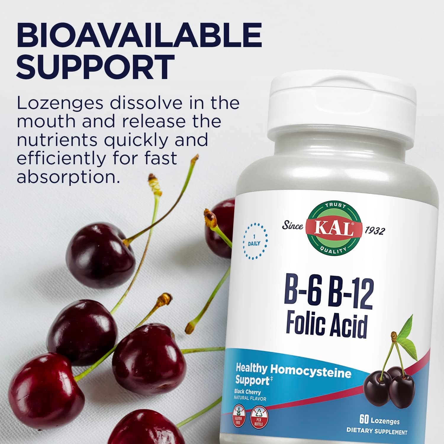 KAL Vitamin B-6, B-12, and Folic Acid Supplement - Methylcobalamin and Folate Lozenges - Natural Cherry - Gluten Free - 60 Servings - görsel 6