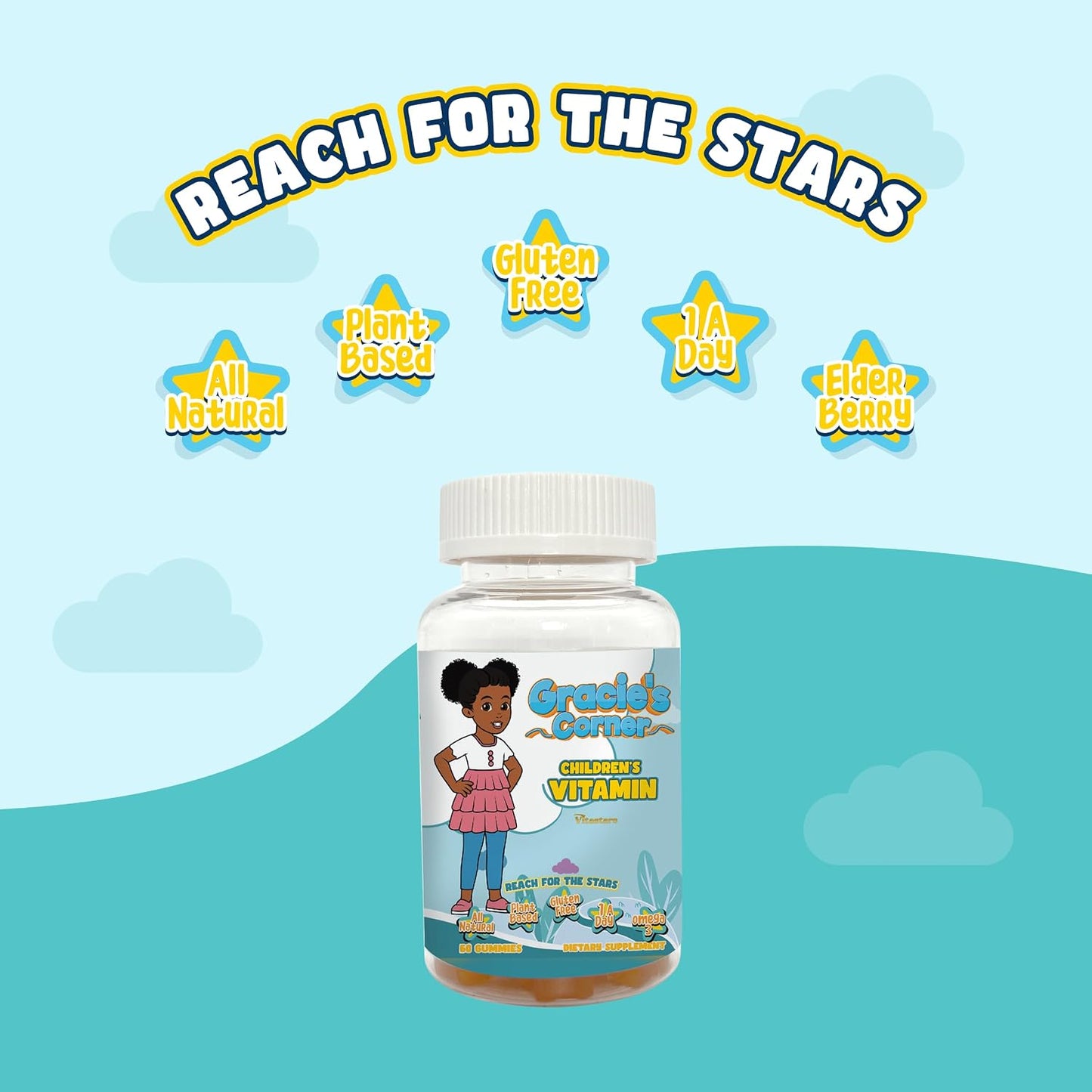 Gracie’s Corner Stars Kids Multivitamin Gummies with Omega-3 - Children’s Vitamins A, B, C, D - Star-Shaped Toddler Multivitamins, Plant-Based, Gluten-free Kids Gummy Vitamins, 60 Count - görsel 7