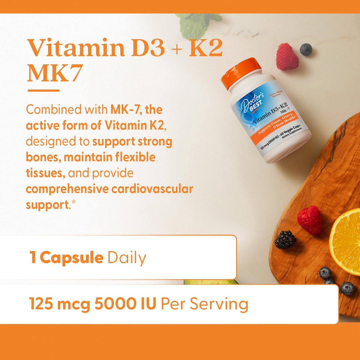 Doctor's Best Vitamin D3 and K2 Supplement for Men & Women - Vitamin D3 5000 IU + K2 as MK-7, Bone Health Support, Gluten-free, Non GMO, Vegetarian Capsules - 60 Veg Caps - görsel 4