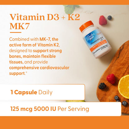 Doctor's Best Vitamin D3 and K2 Supplement for Men & Women - Vitamin D3 5000 IU + K2 as MK-7, Bone Health Support, Gluten-free, Non GMO, Vegetarian Capsules - 60 Veg Caps