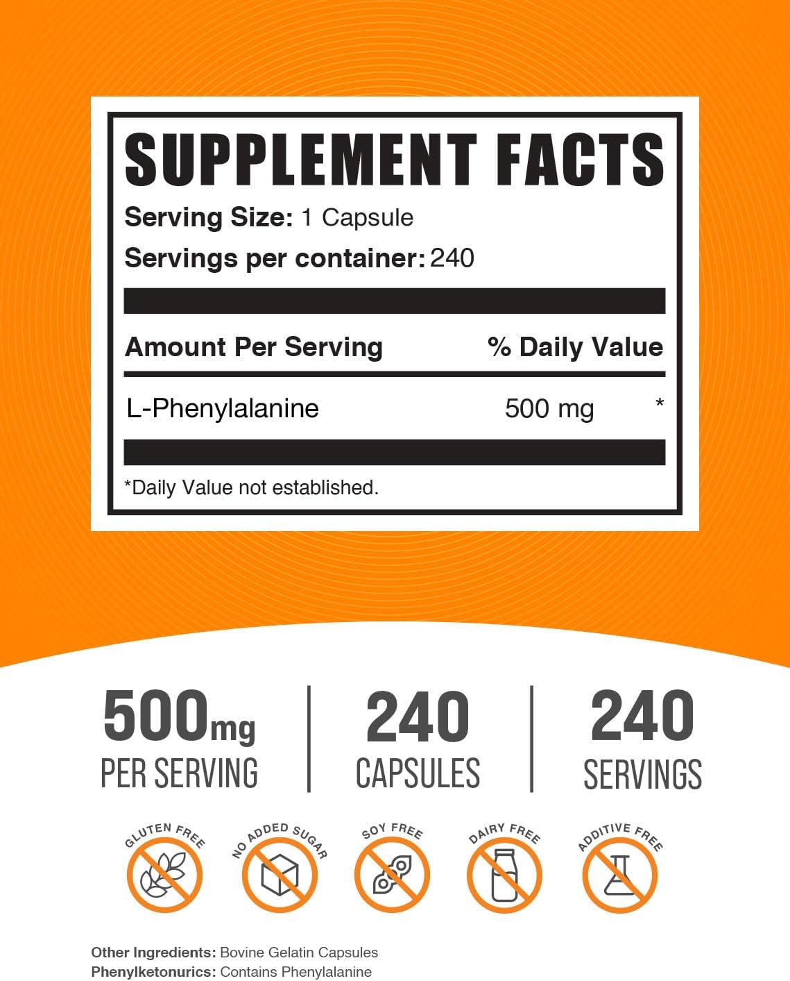 L-Phenylalanine 500mg Capsules - 240 Capsules by BulkSupplements.com - görsel 2