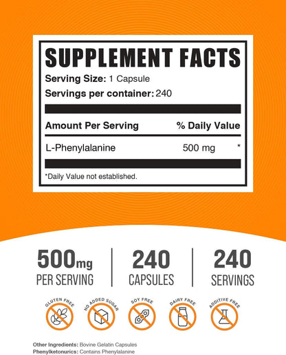 L-Phenylalanine 500mg Capsules - 240 Capsules by BulkSupplements.com
