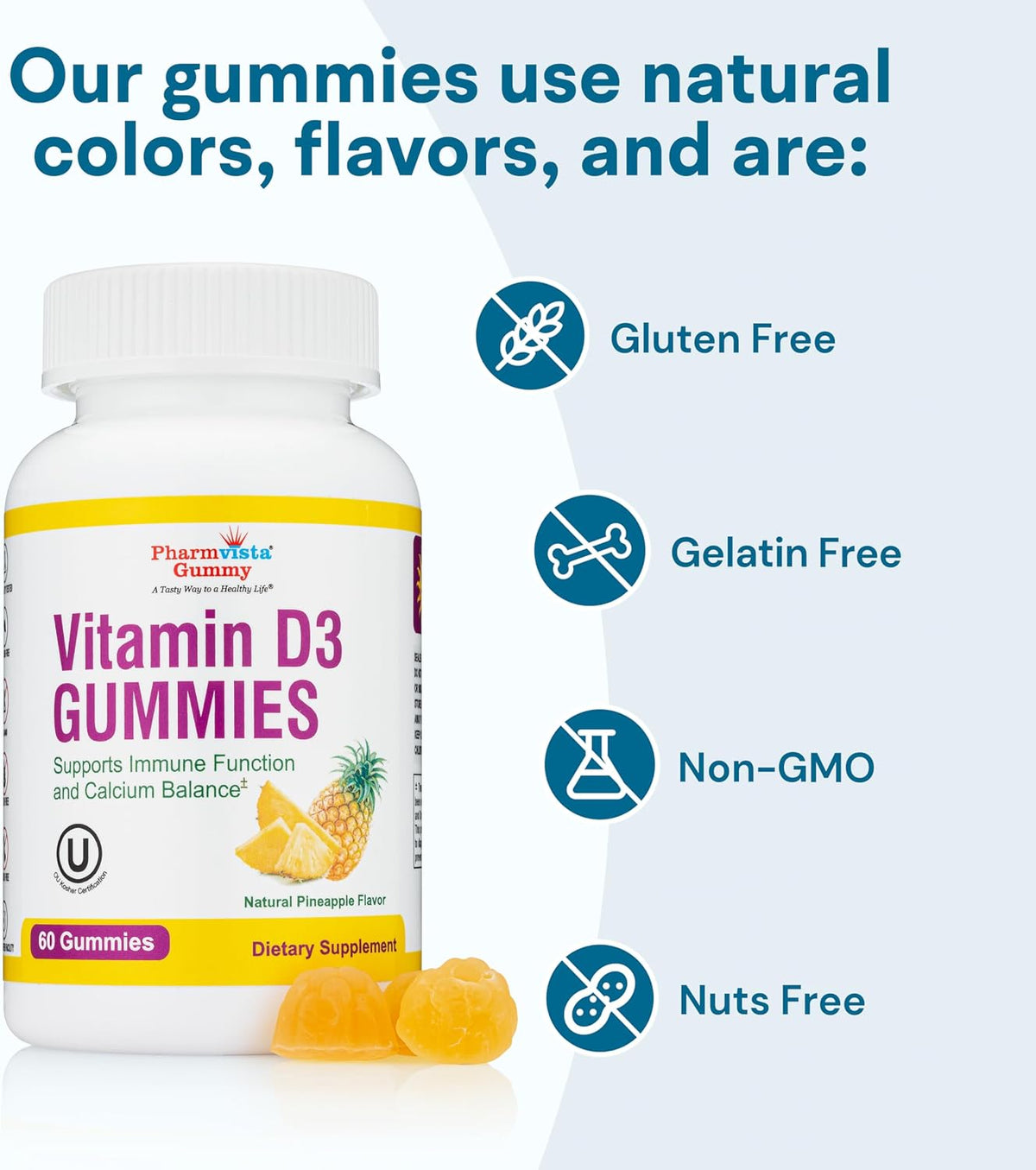 Vitamin D3 Gummies - Tasty, Gluten-free, Non-GM Gummy Vitamin - 60 Count (Pineapple Flavour) - görsel 7