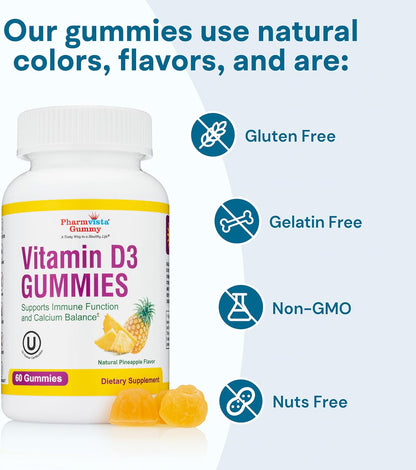 Vitamin D3 Gummies - Tasty, Gluten-free, Non-GM Gummy Vitamin - 60 Count (Pineapple Flavour)