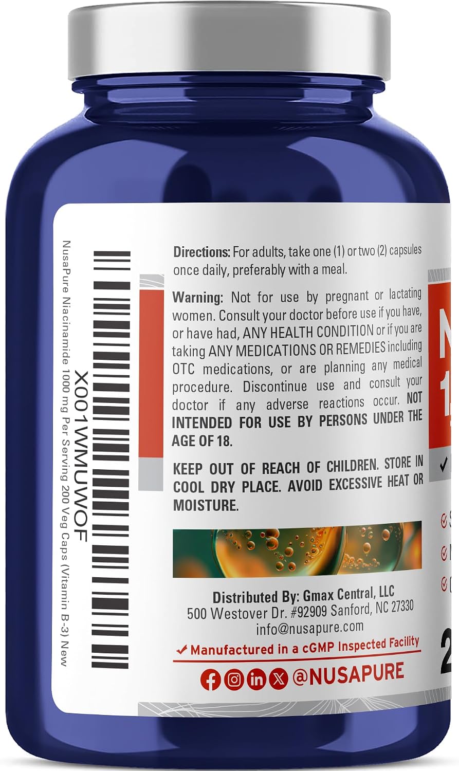 NusaPure Niacinamide 1000mg, 200 Vegetable Capsules - Flush-Free Vitamin B3 Supplement - görsel 3