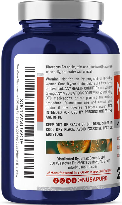 NusaPure Niacinamide 1000mg, 200 Vegetable Capsules - Flush-Free Vitamin B3 Supplement