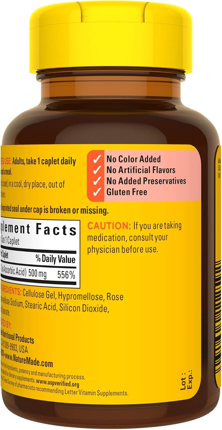Nature Made Vitamin C 500 mg with Rose Hips Caplets, 130 Count - görsel 9