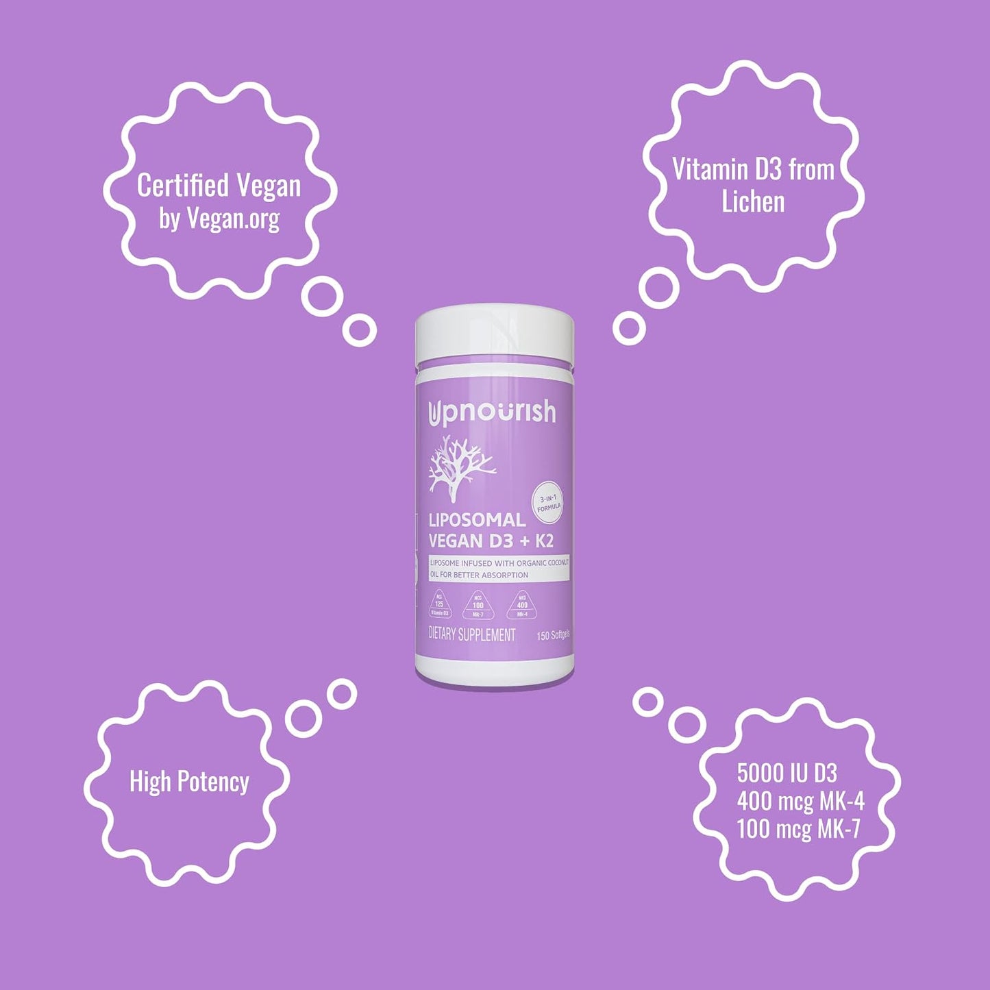 UpNourish Vegan Vitamin D3 5000 IU + K2 (MK4 & MK7) 500 mcg, 150 Softgels - görsel 3