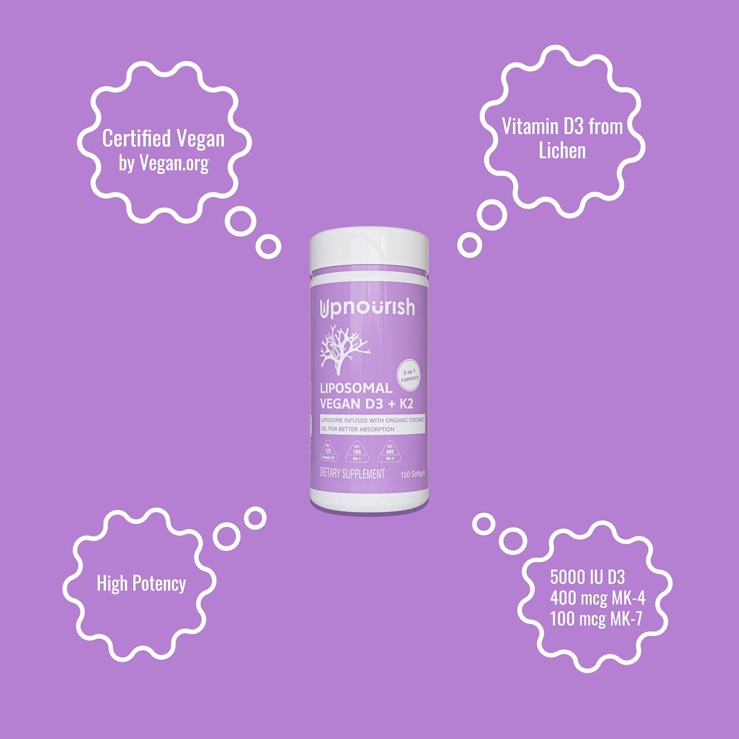 UpNourish Vegan Vitamin D3 5000 IU + K2 (MK4 & MK7) 500 mcg, 150 Softgels - görsel 3