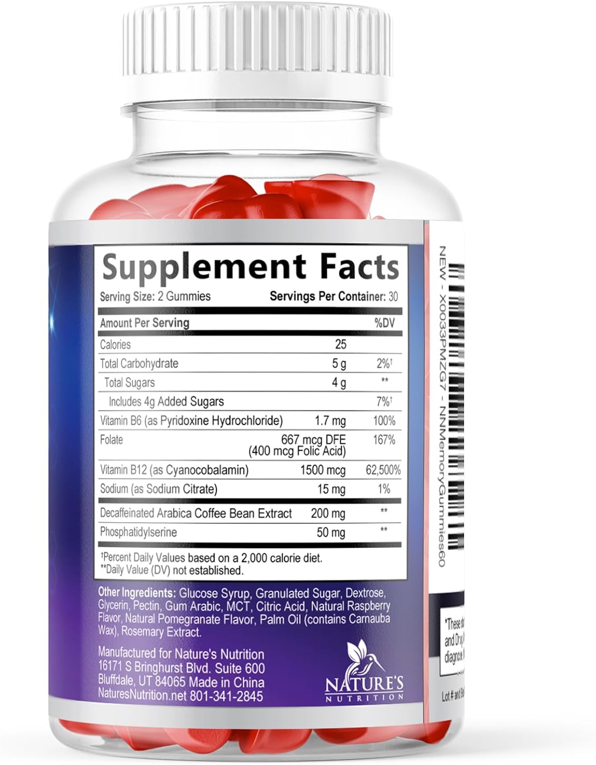 Nature's Nutrition Brain Gummies for Memory and Focus – 3X Strength with B6, B12, Phosphatidylserine – 60 Gummies - görsel 9