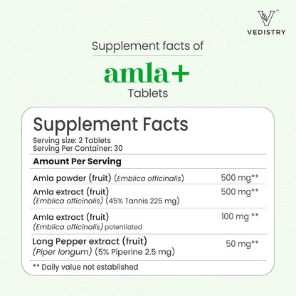 Vedistry Amla Supplement 1100mg - Indian Gooseberry with Long Pepper for Immunity & Energy - 60 Tablets
