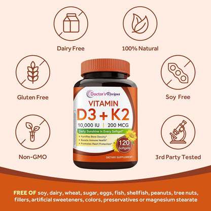 Doctor's Recipes Vitamin D3 K2, 10,000 IU, 200 mcg, MK-7, Supports Normal Bone Maintenance, Teeth, Immune Function, Blood Coagulation, Energy, Calcium Absorption, No Soya & Gluten, Non-GM, 120 Soft gel capsules