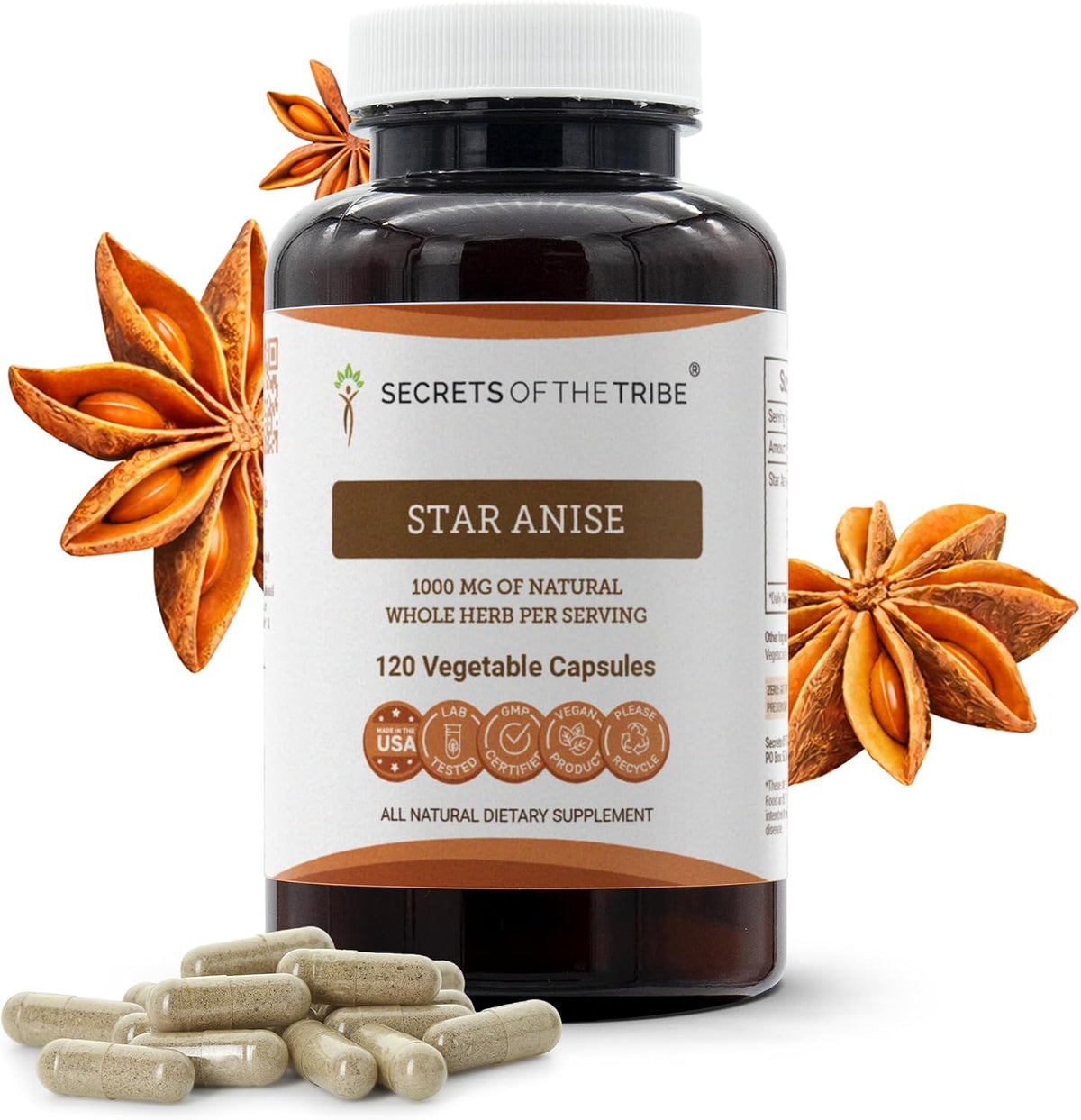 Secrets of the Tribe Star Anise Capsules, 1000 mg, Star Anise (Illicium verum) Dried Seed, 120 Capsules - görsel 1