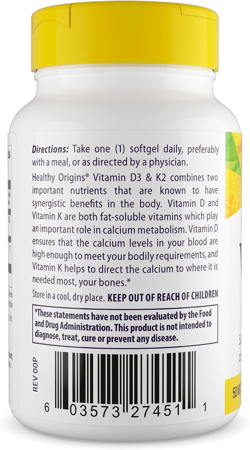 Healthy Origins Vitamin D3 & K2 - 2000 IU D3 & 200 mcg K2 - 60 Softgels - görsel 3
