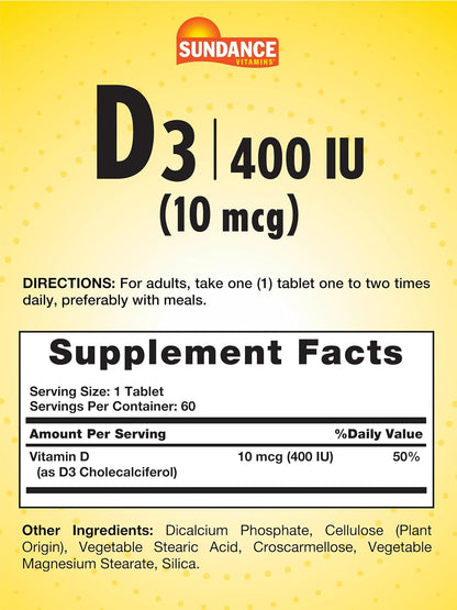 Sundance Vitamin D3 400 IU (10 mcg) - 60 Vegetarian Tablets