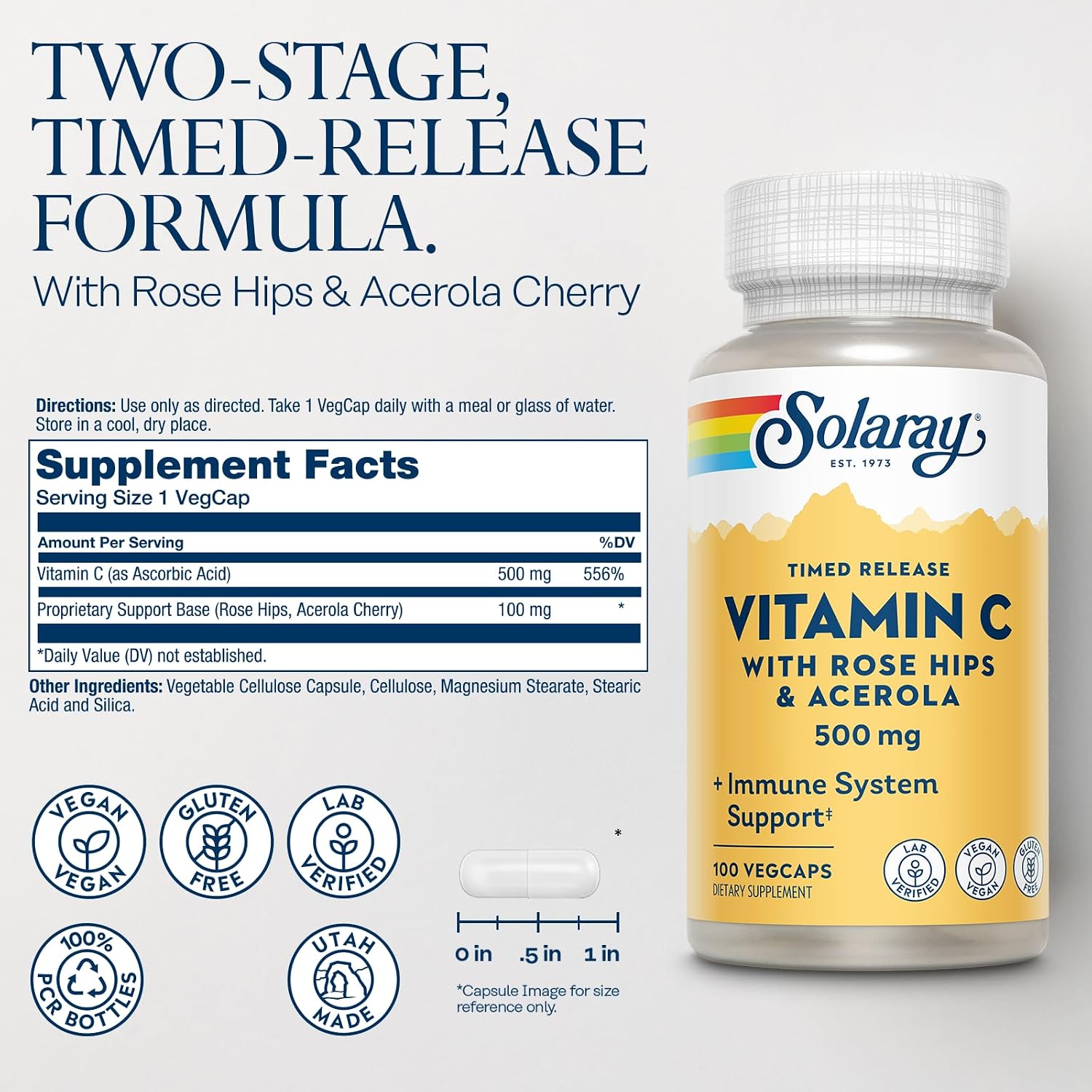 SOLARAY Vitamin C with Rose Hips – Timed Release Capsules, 500 mg, 100 Count - görsel 2
