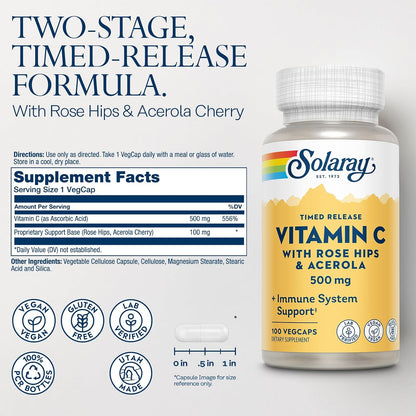 SOLARAY Vitamin C with Rose Hips – Timed Release Capsules, 500 mg, 100 Count