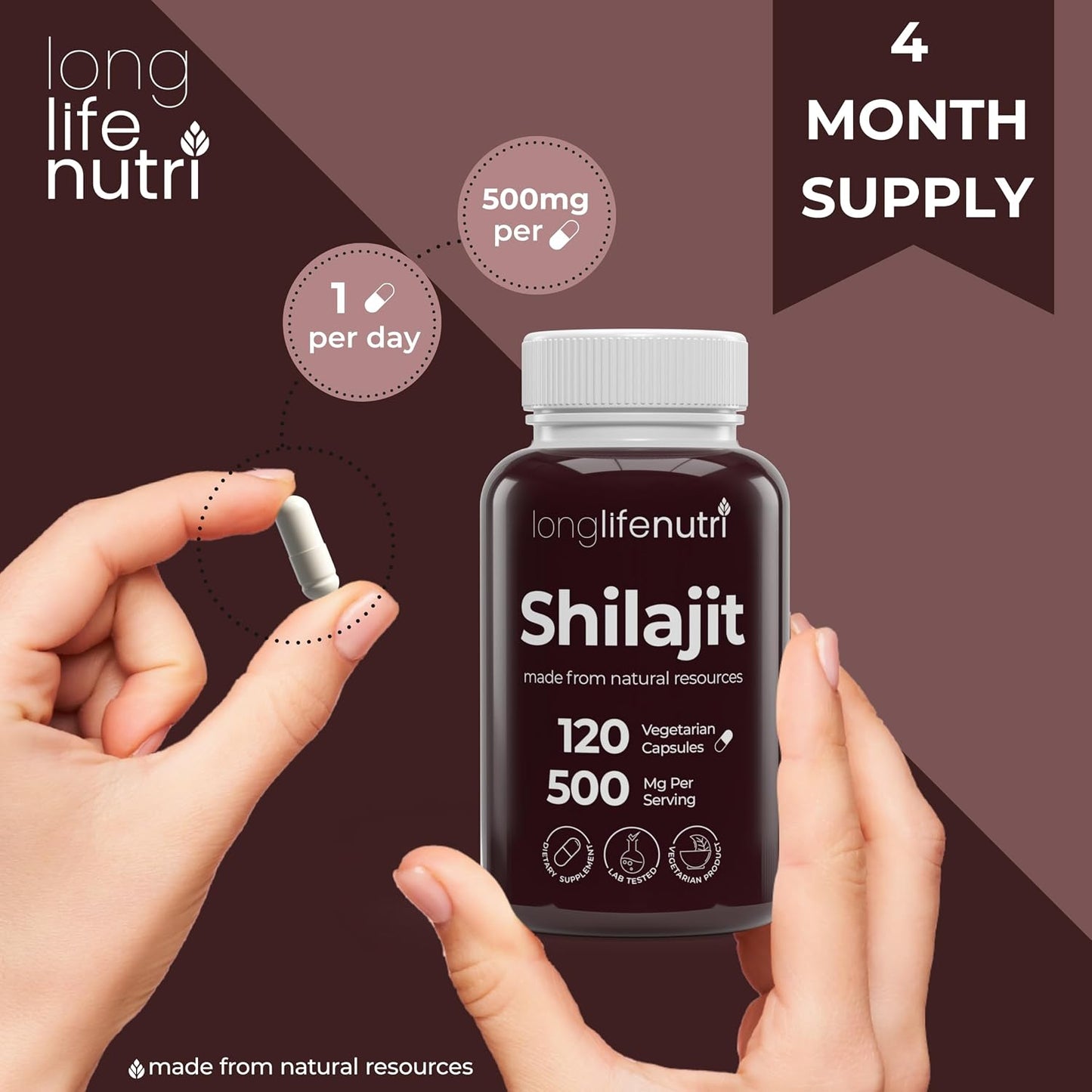 Shilajit Pure Himalayan Extract 500mg with 15% Fulvic Acid 500mg - 120 Vegetarian Capsules, 4 Month Supply, Organic Supplement for Vitality & Mental Clarity, Made in USA, Gluten-free, Non-GMO - görsel 6