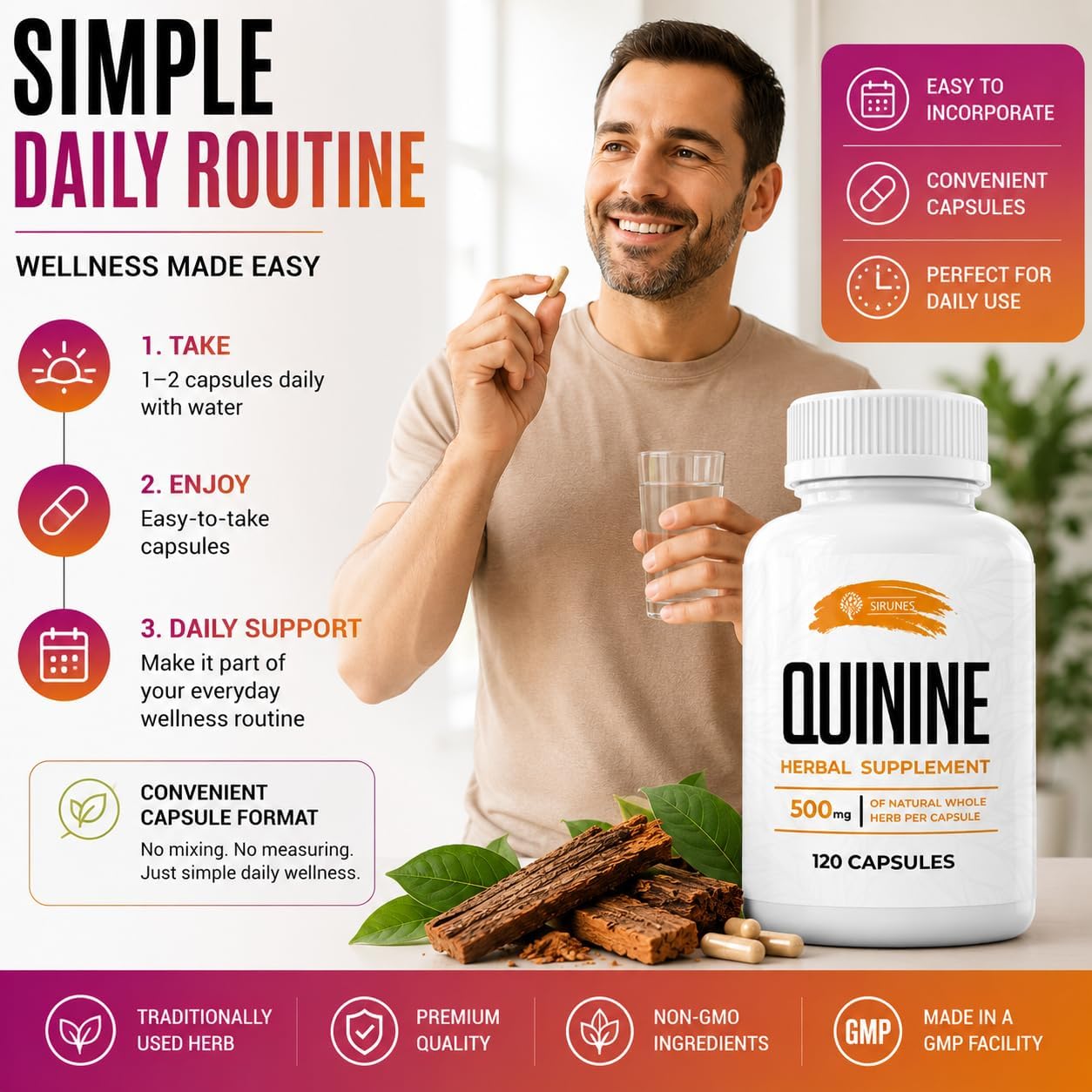 SIRUNES Cinchona Bark Quinine Capsules – Herbal Food Supplement for Muscle and Digestive Support – 500 mg, 120 Capsules - görsel 4