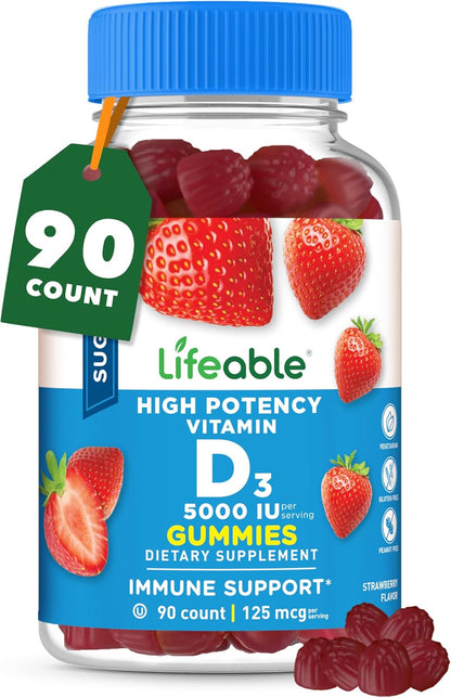 Lifeable Sugar Free Vitamin D 5000 IU - Strawberry Flavour Gummies for Immune and Bone Health - 90 Count