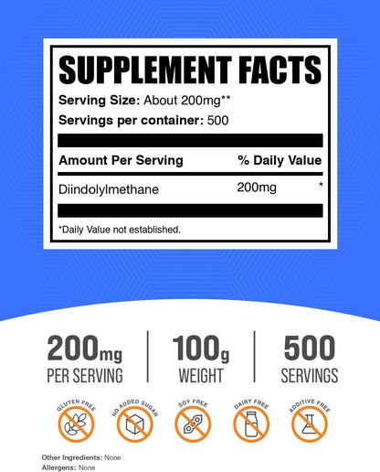 BulkSupplements.com DIM Powder - Diindolylmethane Supplement, 200mg per Serving, Unflavoured, Gluten-free, 100g (3.5 oz)