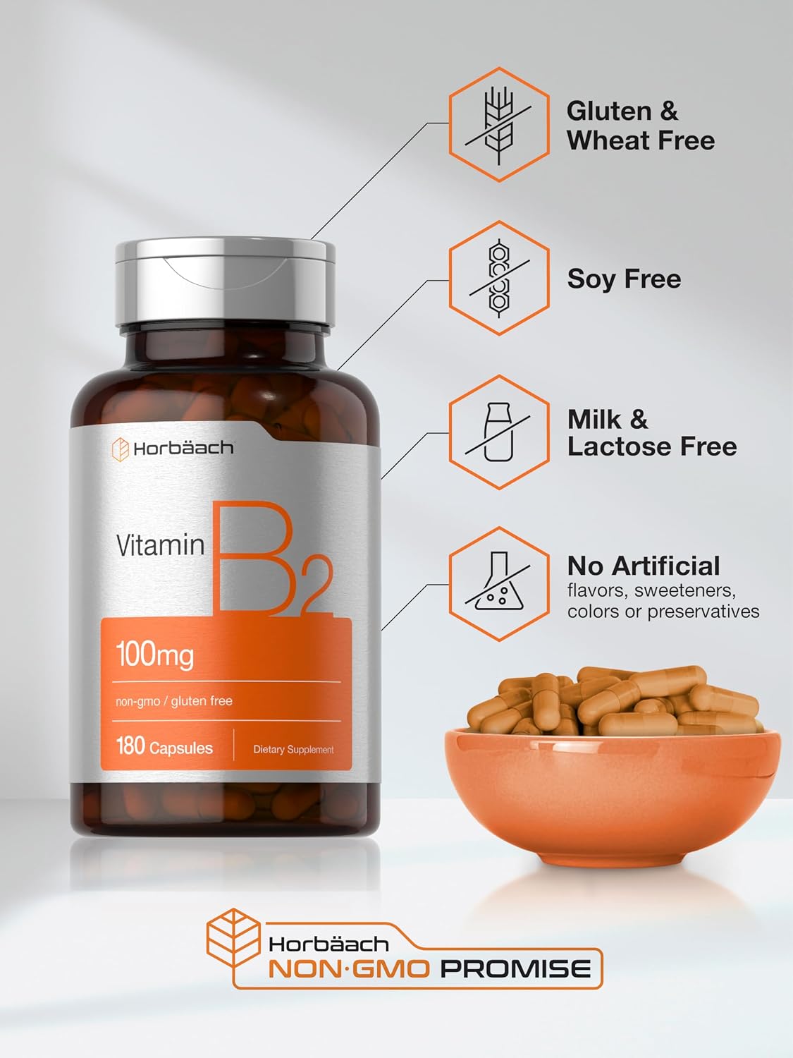 Horbäach Vitamin B2 100 mg, 180 Capsules - Riboflavin Supplement, Non-GMO & Gluten-free - görsel 5