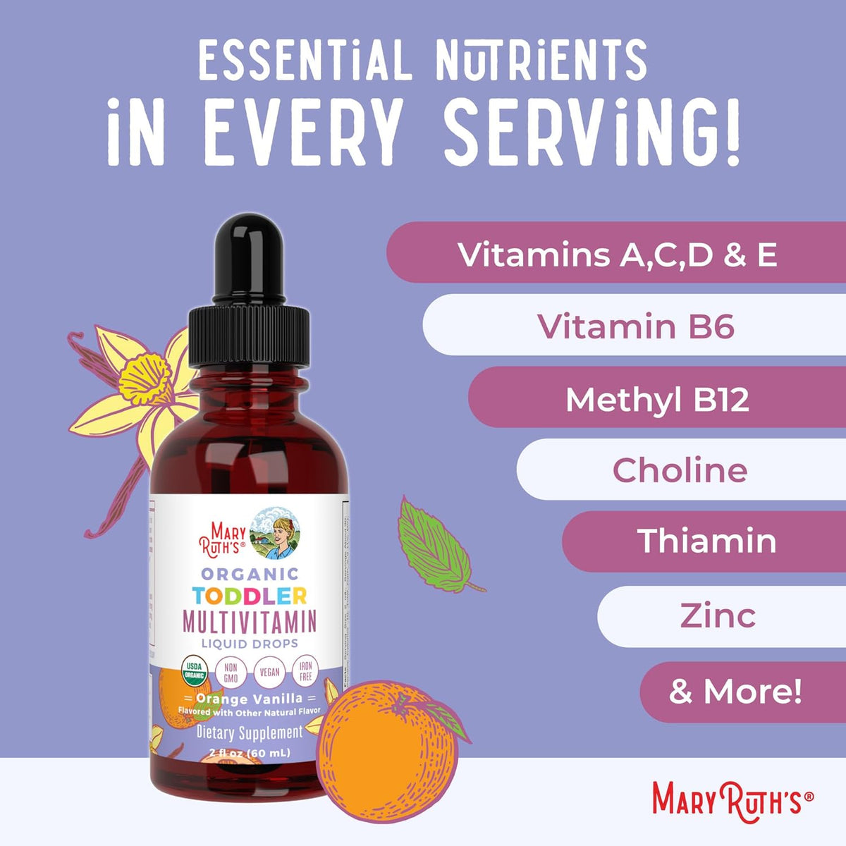 MaryRuth's Toddler Multivitamin | Vitamin A C D E B6 B12 Zinc | Healthy Growth Support | Immunity | Bone Health | Cognitive Function | Organic | Sugar Free | Vegan | Non-GM | 60 ml | 30 Day Supply - görsel 7