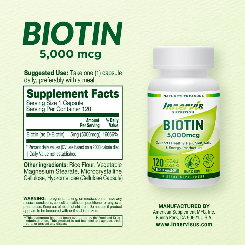 INNERVISNUTRITION High Potency Biotin 5000 mcg – Contributes to Normal Hair, Skin & Nail Health, 120 Veggie Capsules - görsel 2