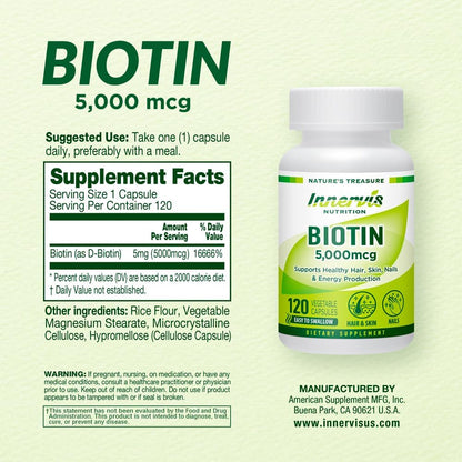 INNERVISNUTRITION High Potency Biotin 5000 mcg – Contributes to Normal Hair, Skin & Nail Health, 120 Veggie Capsules