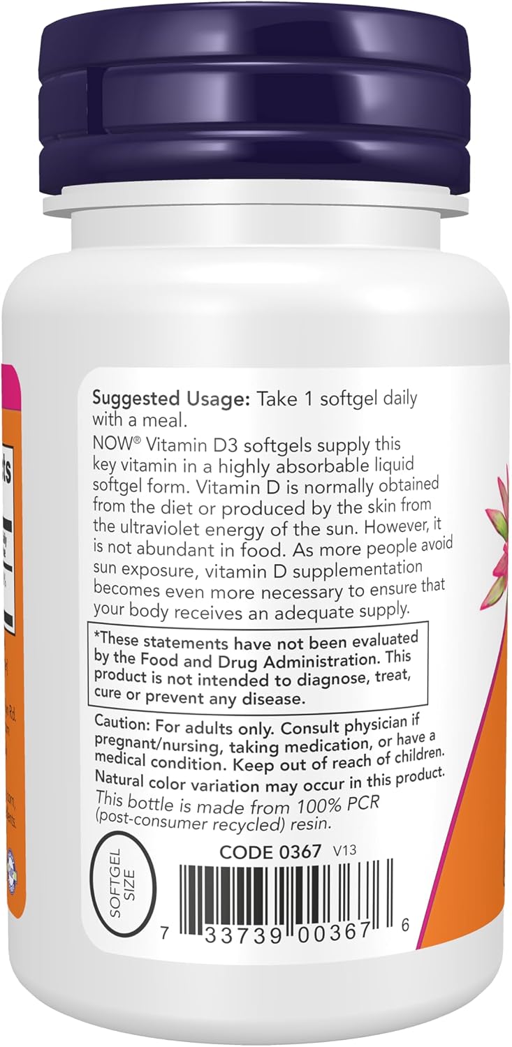 NOW Foods Vitamin D-3 2,000 IU Softgels - 120 Count - görsel 3