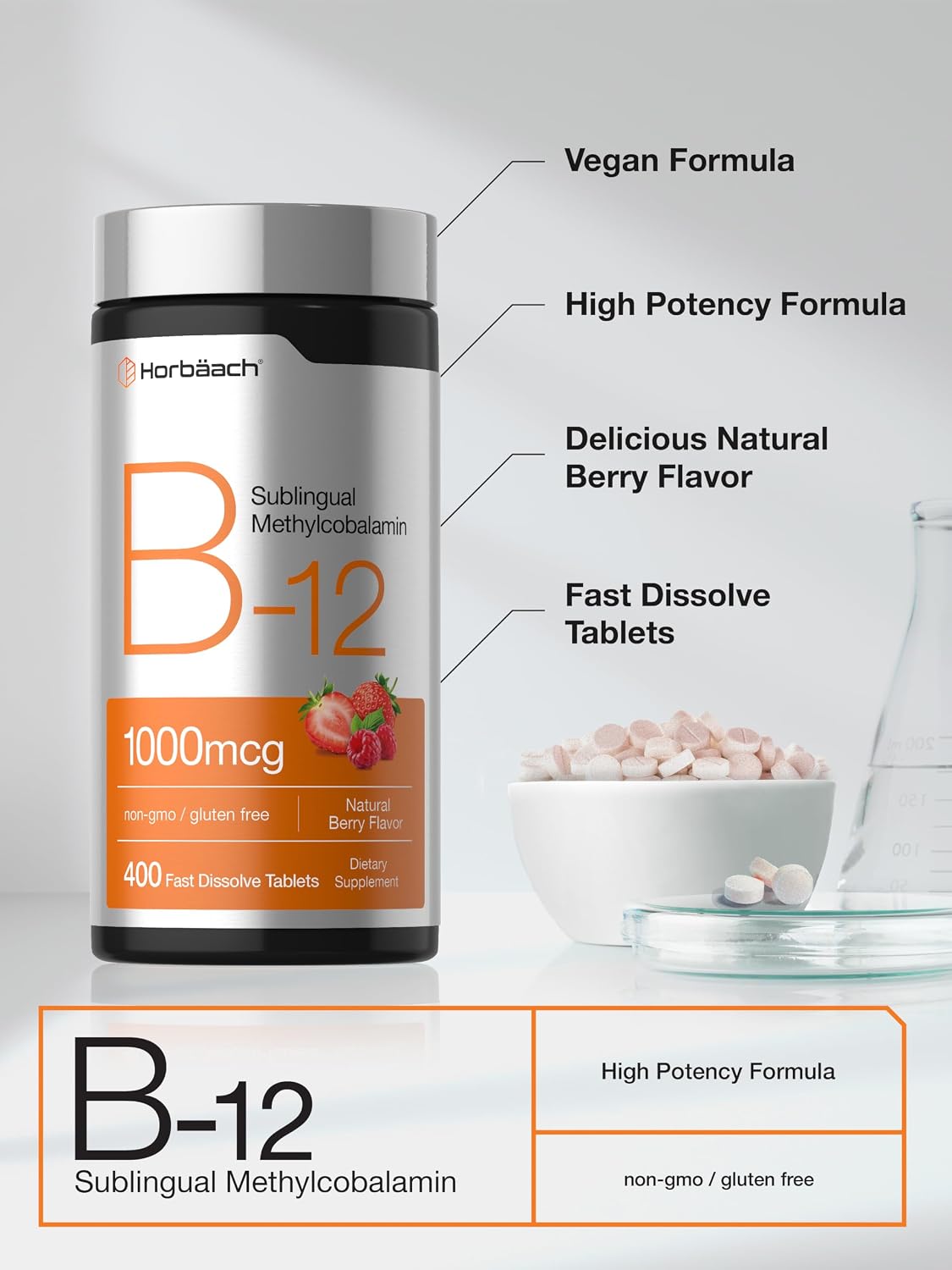 Horbaach Vitamin B12 1000 mcg Sublingual Tablets - Methylcobalamin, Berry Flavour, Vegan - görsel 4
