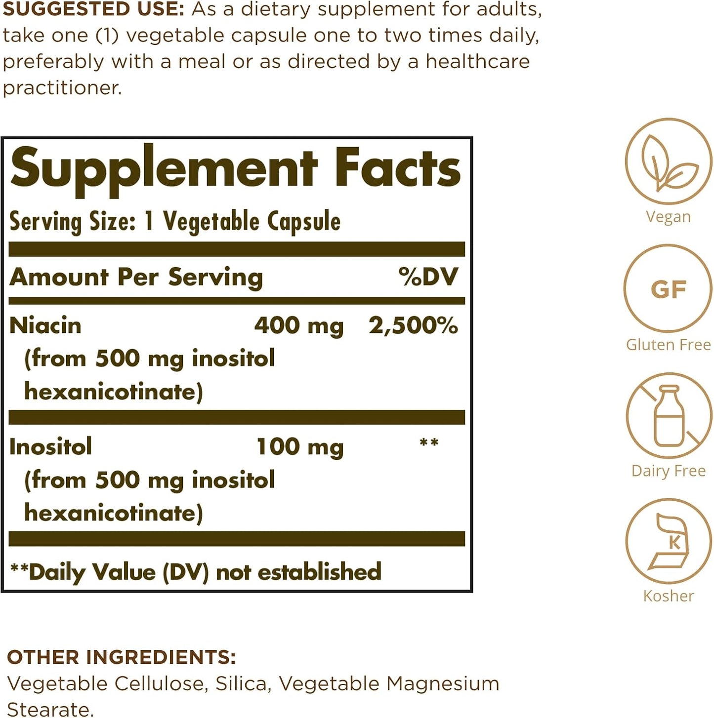 No-Flush Niacin 500mg, 100 Vegetable Capsules – Solgar - görsel 2