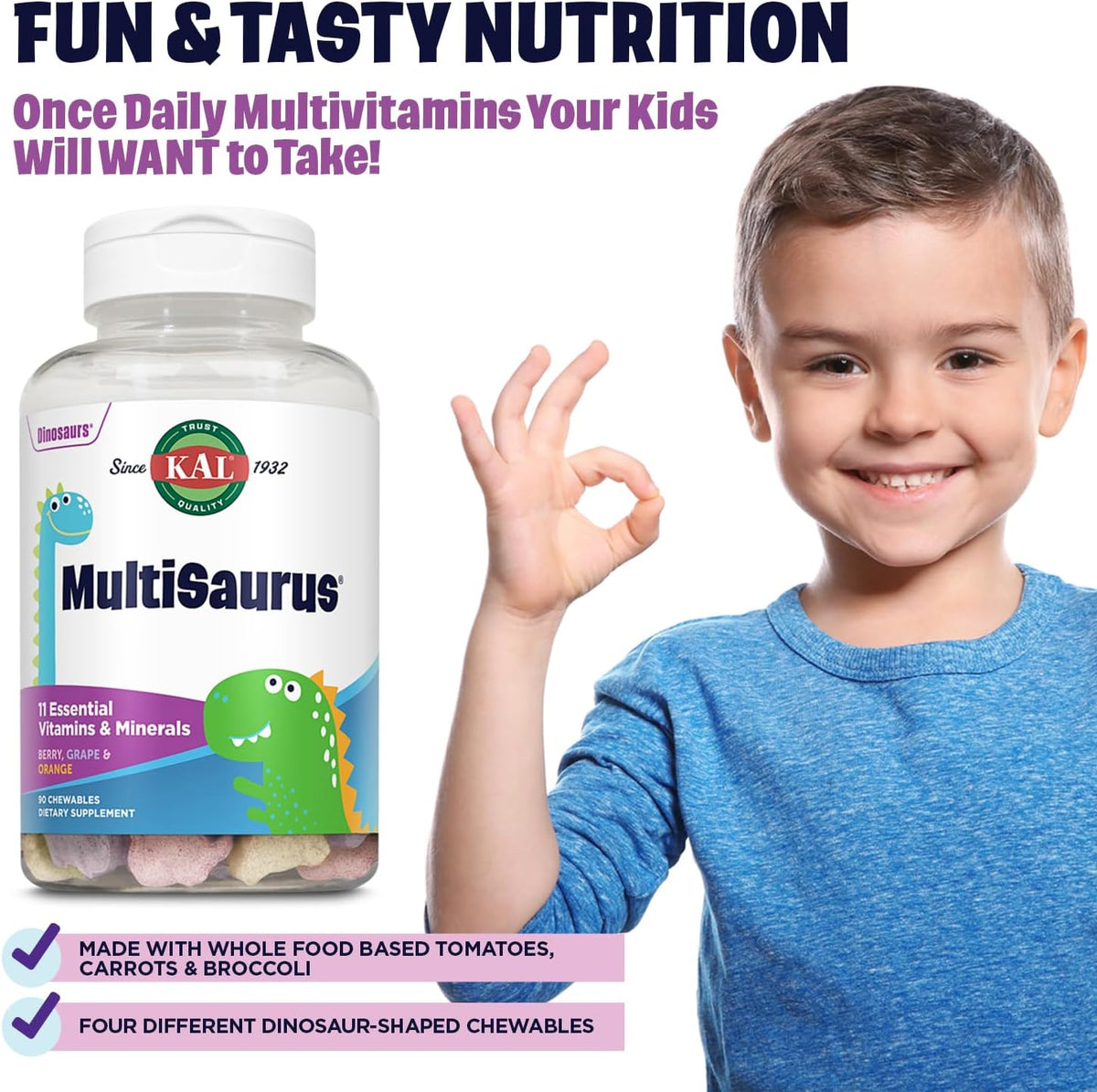 KAL MultiSaurus Kids Chewable Multivitamin - 90 Dinosaur-Shaped Tablets - görsel 3